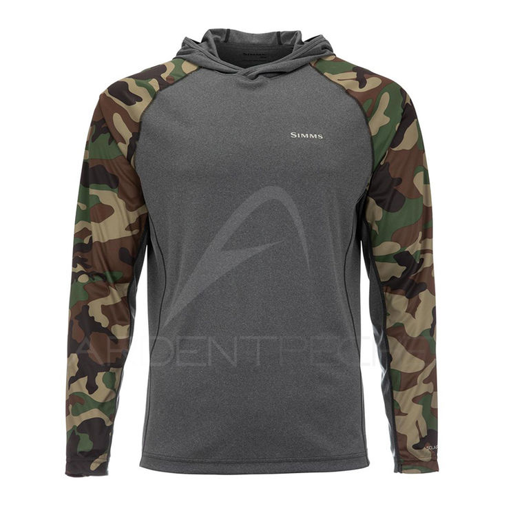 Tee shirt à capuche SIMMS Solarflex hoody Woodland camo/Carbon heather